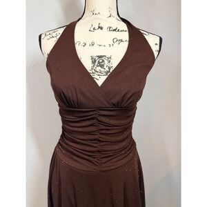 Vintage Y2K Speckless Dress Women M Brown Glitter Halter Ruched Coquette‎